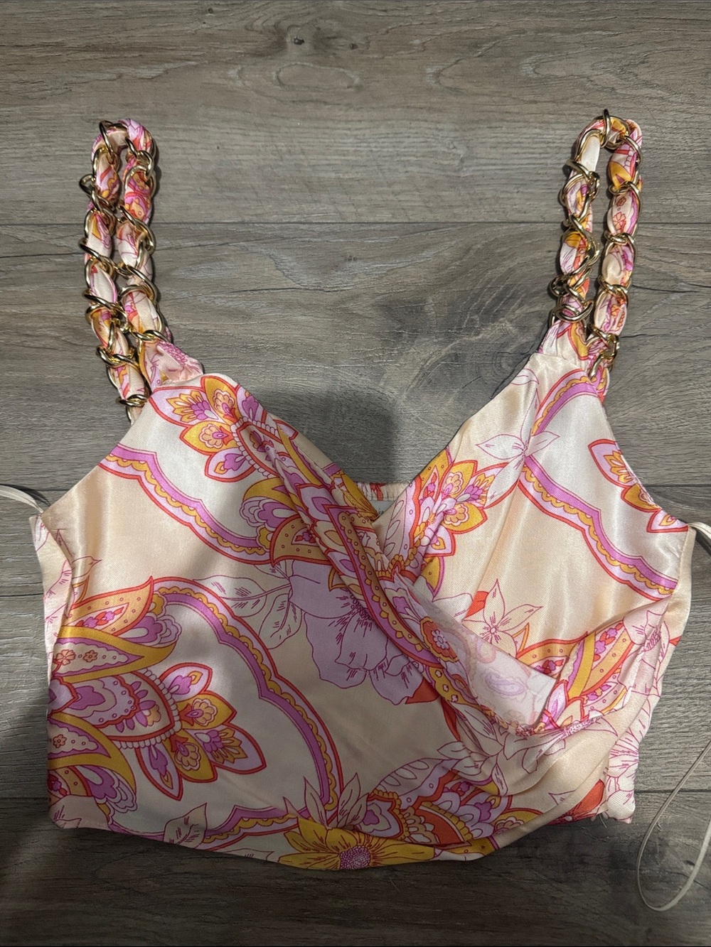 Zara Pink & Cream Floral Paisley Chain-Strap Camisole